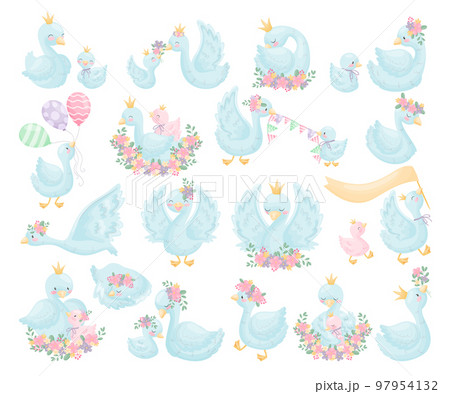 Cute princess swan set. Beautiful white swans in golden crowns cartoon vector illustration Cute princess swan set. Beautiful white swans in golden crowns cartoon vector illustration 97954132