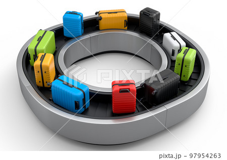 Airport luggage conveyor belt or baggage claim area with suitcases on white. 97954263