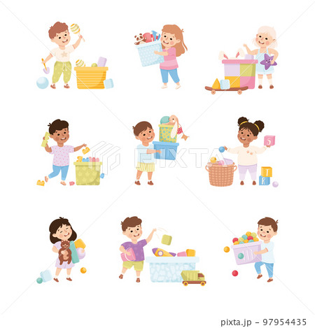 Happy Children Playing Toys in Playroom Having Fun Vector Set 97954435