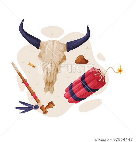 Bull Skull, Smoking Pipe and Dynamite as Wild West Object Vector Composition 97954443