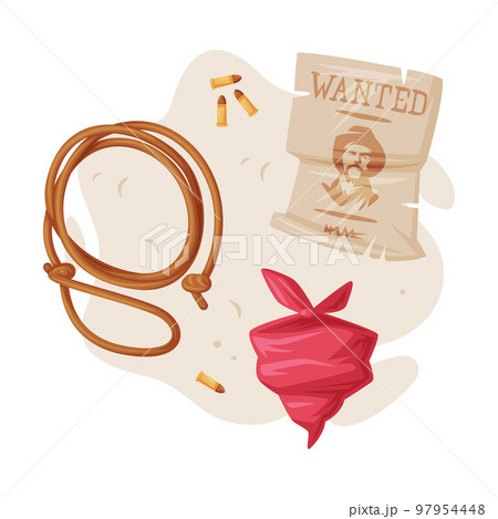 Red Bandana, Lasso and Wanted Notice Paper as Wild West Object Vector Composition 97954448