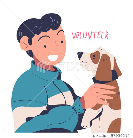 Young Man Volunteer Caring of Homeless Dog Pet Vector Illustration 97954514