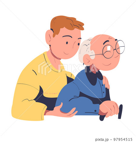 Young Man Volunteer with Old Pensioner Supporting Vector Illustration Young Man Volunteer with Old Pensioner Supporting Vector Illustration 97954515