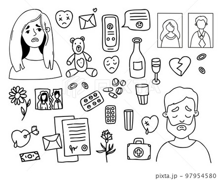 Conflict and divorce. Collection doodles dissolution of marriage, end of relationship. Unhappy woman and sad man, torn wedding photo, broken heart, alcohol and pills. Vector isolated Outline drawings. Conflict and divorce. Collection doodles dissolution of marriage, end of relationship. Unhappy woman and sad man, torn wedding photo, broken heart, alcohol and pills. Vector isolated Outline drawings. 97954580