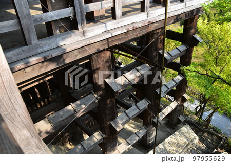 日本の京都の清水寺　清水の舞台と呼ばれる国宝の本堂　木材が格子状に組まれた懸造りの土台 97955629