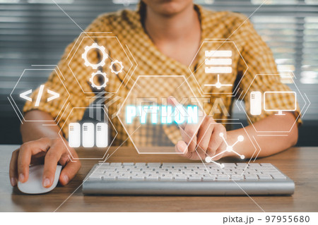 Python Programming Language, Woman using computer with python programming icon on virtual screen, Application and web development concept. 97955680