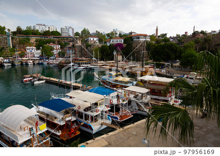 Old town port of Antalya with moored boats 97956169
