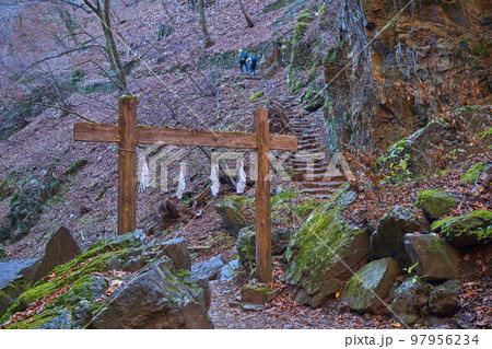 東京都青梅市の御岳山のエリアにある綾広の滝の鳥居から登山道を見る 東京都青梅市の御岳山のエリアにある綾広の滝の鳥居から登山道を見る 97956234