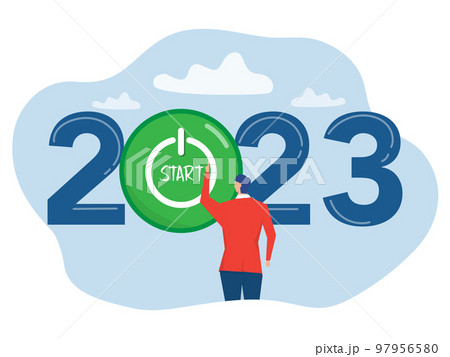 Start up company Goals for the year 2023 ,businessman pushing start button to start up new business in 2023 vector illustrator 97956580