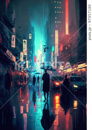 ネオンライトが幻想的な雨が降っている夜のメインストリートのイラスト素材