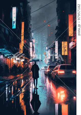 ネオンライトが幻想的な雨が降っている夜のメインストリートのイラスト素材