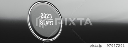 Start 2023. Happy New Year button. 3D illustration 97957291