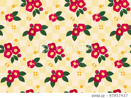 椿の花と市松模様のパターン 黄色系 椿の花と市松模様のパターン 黄色系 97957437