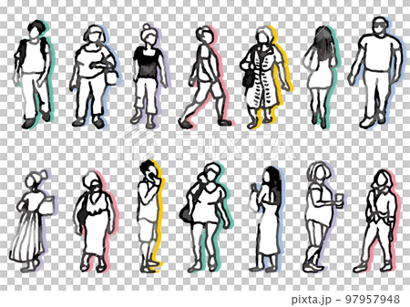 街の人々、大勢のセット。手描きのベクターデータ。夏。 97957948