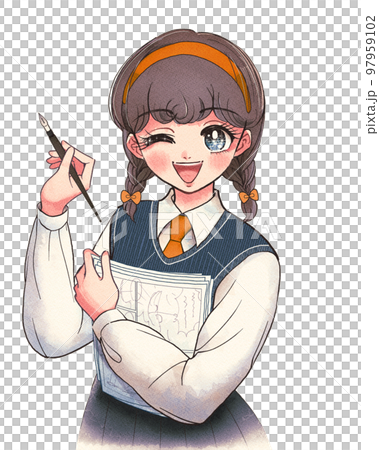 A cute smiling student cartoonist holding an analog manuscript 97959102