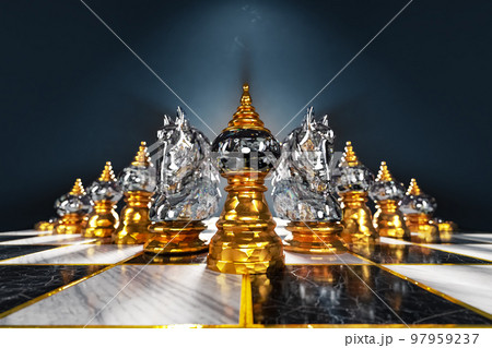 A 3D rendered illustration of a set of traditional Thai chess rooks placed against a dramatic lighting background. 97959237