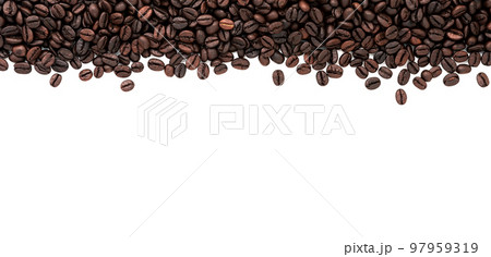 Dark roasted coffee beans setup on white background with copy space. 97959319