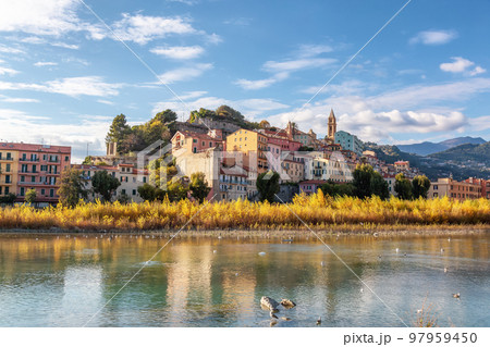 Old Residential Homes near river and sea in Ventimiglia, Italy. 97959450