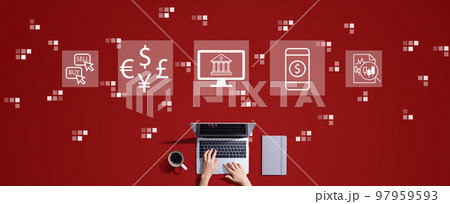 Fintech theme with person working with laptop Fintech theme with person working with laptop 97959593