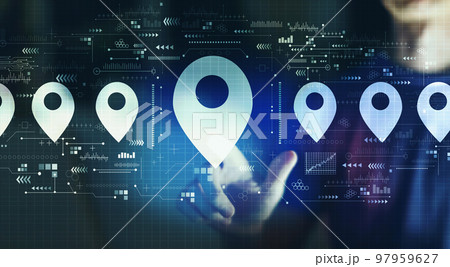 Map pin concept with young man in the night Map pin concept with young man in the night 97959627