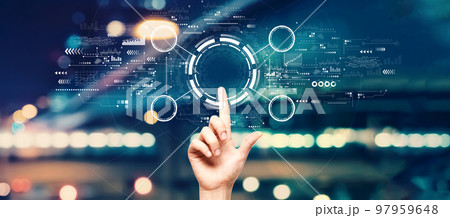 Tech circle with hand pressing a button 97959648
