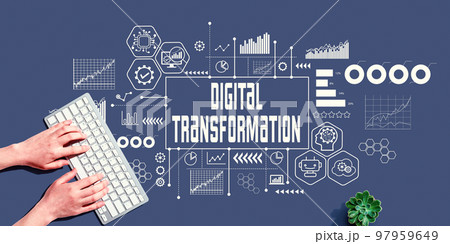 Digital Transformation concept with person using pc keyboard 97959649