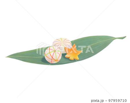 笹の葉にのせられた飾り麩（鞠麩・紅葉型麩）のリアルな水彩イラスト 97959710
