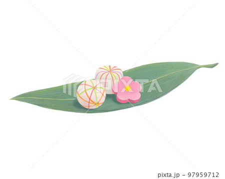 笹の葉にのせられた飾り麩（鞠麩・花形麩）のリアルな水彩イラスト 97959712