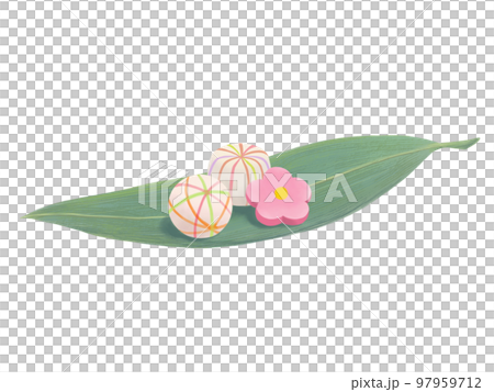 笹の葉にのせられた飾り麩（鞠麩・花形麩）のリアルな水彩イラスト 97959712