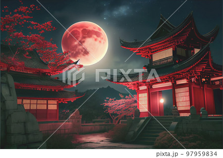 In the dark night, Chinese ancient buildings are illuminated by a full moon. design for Chinese New Year Festival backgrounds. 3D illustration 97959834