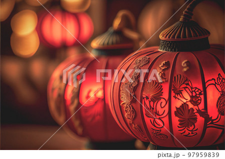 Red Lantern Chinese New Year Festival in red theme background. 3D illustration 97959839