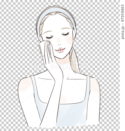コットンでお肌のお手入れをする笑顔の女性 コットンでお肌のお手入れをする笑顔の女性 97959863