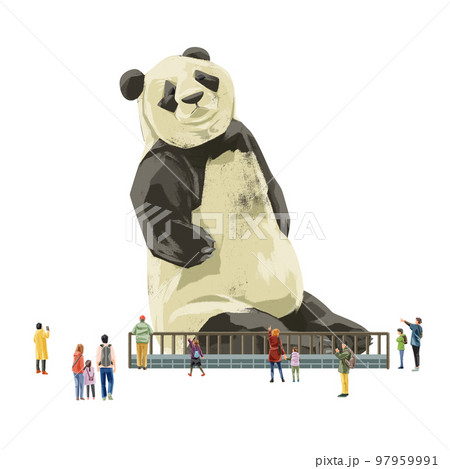 動物園のパンダを見る人々の手描き水彩風イラストのイラスト素材