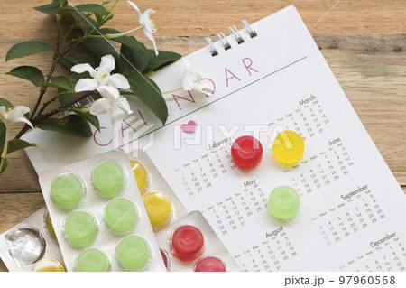 cough sore throat pastille extract herbal with calendar arrangement flat lay style  97960568