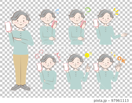 Senior women with various expressions with smartphones 97961113