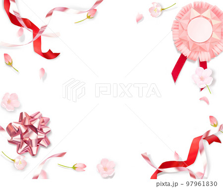 薄いピンク色のかわいい桜と折り紙の輪っか飾りとメダルー白バックフレーム背景素材 97961830