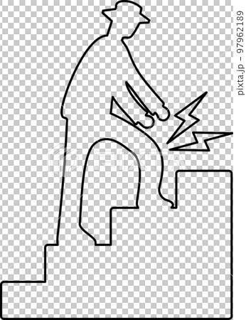 A silhouette of a man whose knee hurts and it seems difficult to climb the stairs 97962189