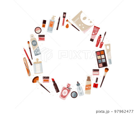 Beauty,makeup products with copy space in round composition.Flat Vector Beauty,makeup products with copy space in round composition.Flat Vector 97962477