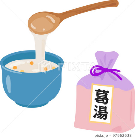 湯呑みに入った葛湯と袋入りの葛湯の素 97962638