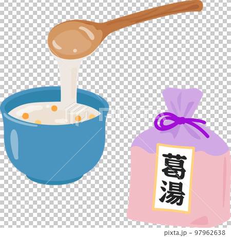 湯呑みに入った葛湯と袋入りの葛湯の素 97962638