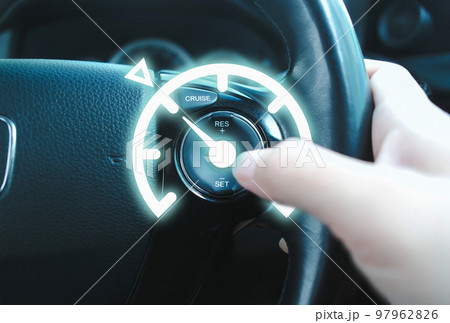 Automotive cruise control system on the steering wheel of the car with speedometer lock indicator 97962826