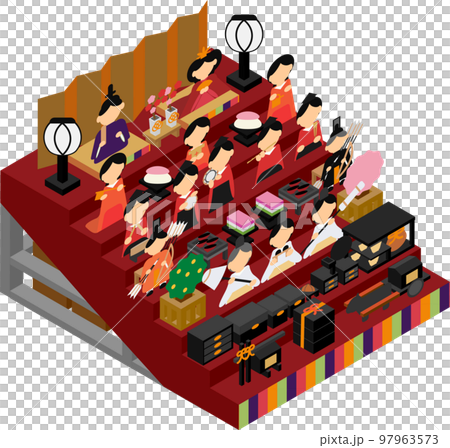 Illustration of a seven-tiered decoration of isometric hina dolls 97963573