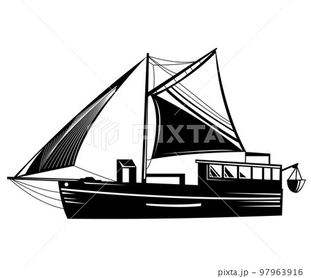 Vintage Fishing Trawler Schooner or Blue Water Motor Sailer Woodcut Style Vintage Fishing Trawler Schooner or Blue Water Motor Sailer Woodcut Style 97963916