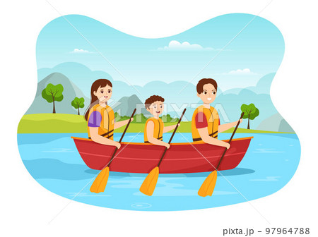 People Enjoying Rowing Illustration with Canoe and Sailing on River or Lake in Active Water Sports Flat Cartoon Hand Drawn Template 97964788