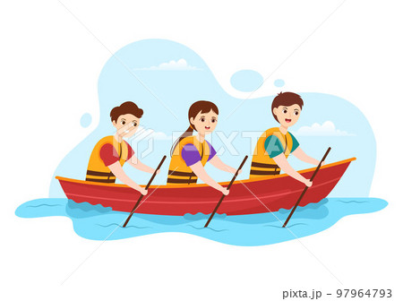 People Enjoying Rowing Illustration with Canoe and Sailing on River or Lake in Active Water Sports Flat Cartoon Hand Drawn Template 97964793