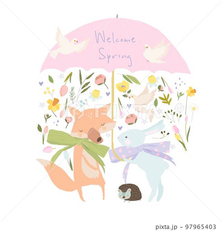 Cute Animals under Big Umbrella meeting Spring 97965403