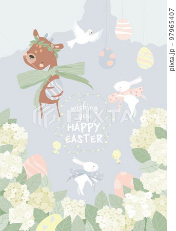 Happy Easter Greeting Card with Cute Deer, White Bunnies and Eggs Happy Easter Greeting Card with Cute Deer, White Bunnies and Eggs 97965407