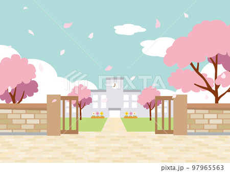 春の学校の校門の背景 97965563