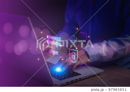 Username and password (Login) for technology cyber security internet and networking system. Businessman hand typing notebook (Laptop). Encryption, biometric identification fingerprint scanner. Username and password (Login) for technology cyber security internet and networking system. Businessman hand typing notebook (Laptop). Encryption, biometric identification fingerprint scanner. 97965651