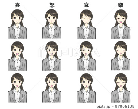 スーツを着た女性　喜怒哀楽の表情差分イラストセット 97966139